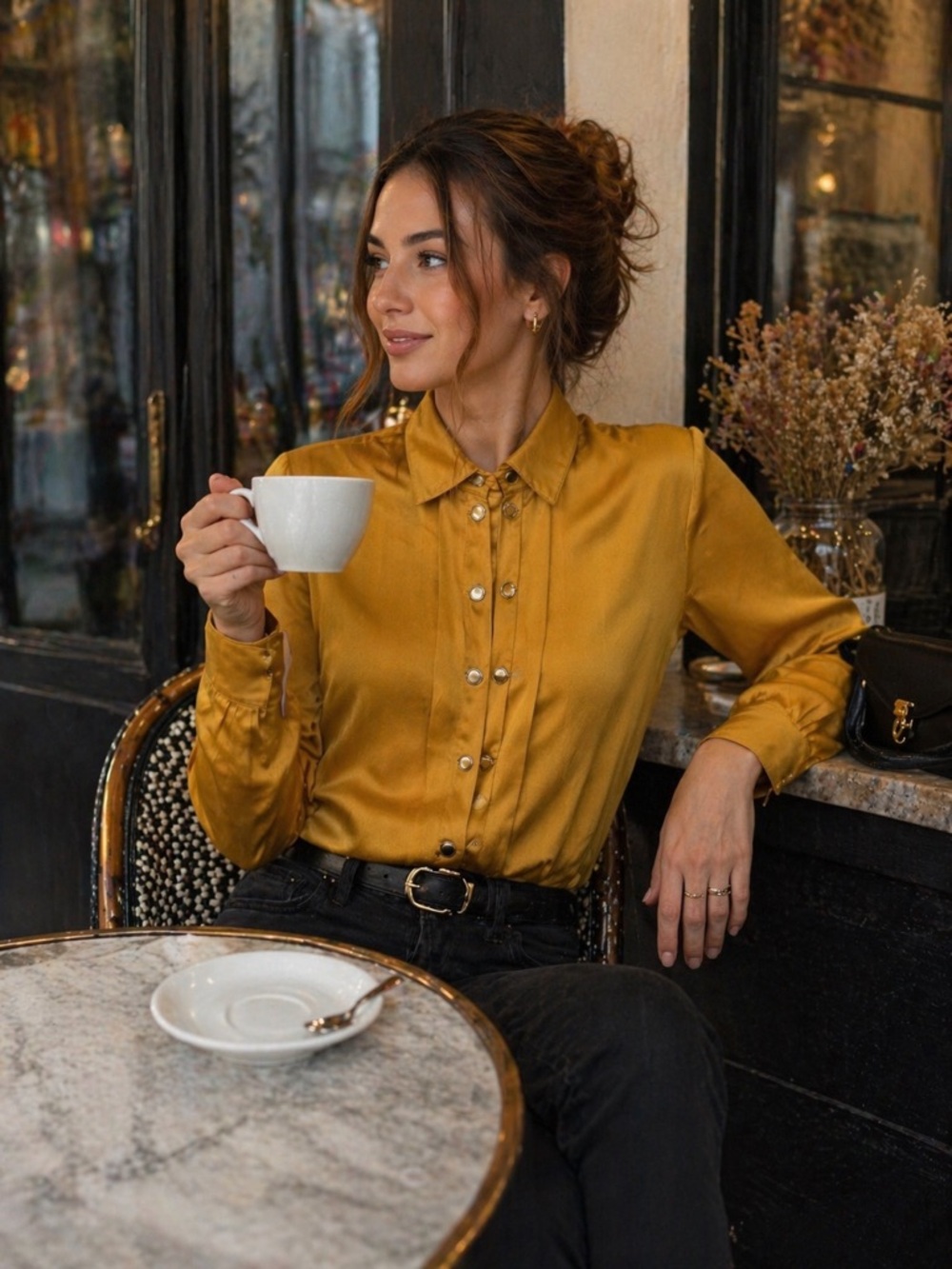 Vintage Emanuel Ungaro Parallèle Paris Mustard Silk Button Front Blouse US 6–8